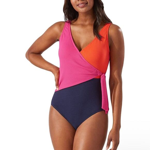Tommy Bahama Island Cays Colorblock Scoop-Back Wrap One Piece Swimsuit NWT Sz 4 - Picture 1 of 8